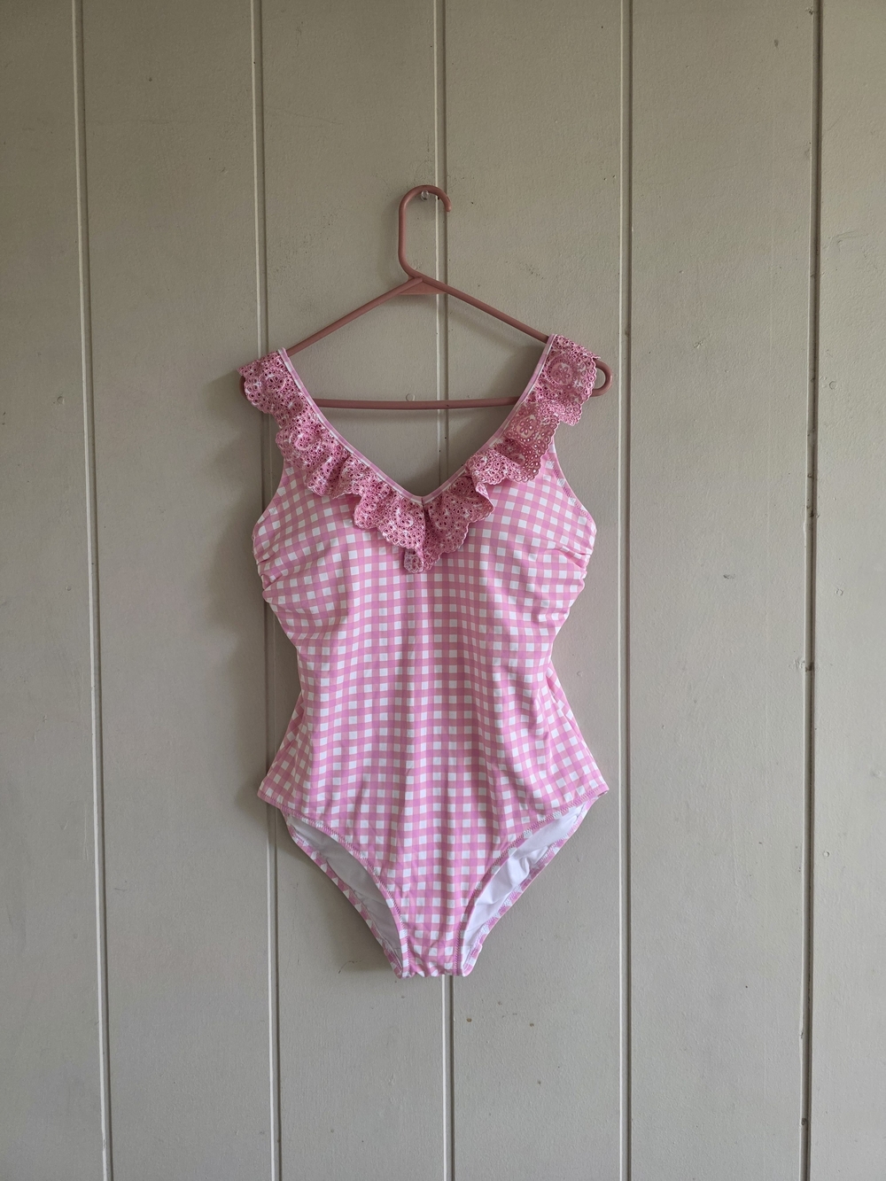 Draper James Lands End Pink Gingham Ruffle One Piece Swimsuit Sz 12 Embroidered
